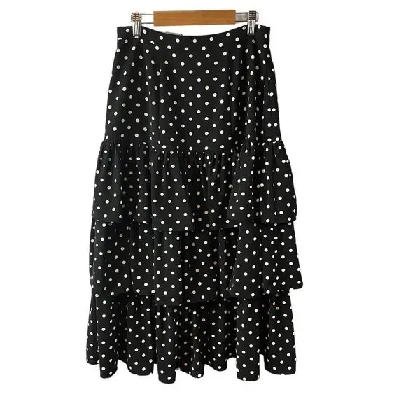 Cinq A Sept Rowena Black White Polka Dot Ruffle Tiered Midi Skirt Size 8 - Picture 5 of 9